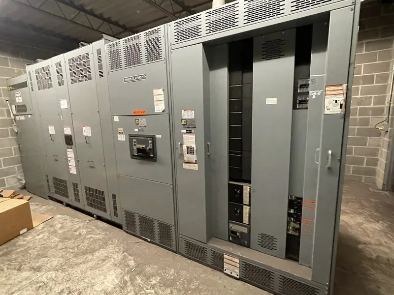 Medium-voltage switchgear line-up staged in a warehouse — Indio, CA